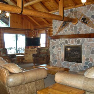 Cedars Log Home Living Room and Fireplace